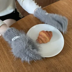 Winter warm grey fluffy furry gloves for women, soft plush daily wear fashion cold weather hand wear