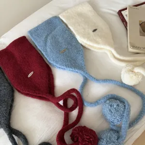 Korean style knitted pom pom earmuffs winter warm cute ear covers with long tie ropes