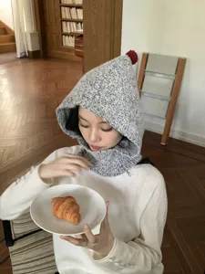Korean style knitted balaclava hooded scarf warm winter ear protection hat for women