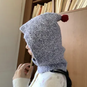 Cozy knitted balaclava with cute red pom-pom winter warm hooded scarf for women daily.