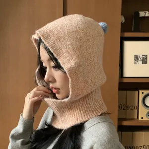 Women knit balaclava hooded scarf winter warm ear protection solid color stylish headwear.