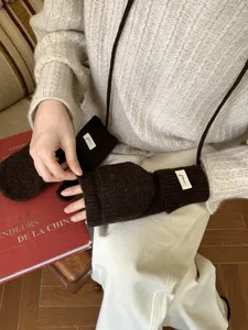 Thickened winter knit convertible fingerless gloves with strap, cozy warm brown half-finger mittens.