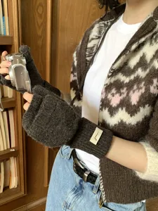 Knit fingerless gloves with flip cover for women, thick warm winter mittens daily wear.