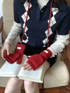 Thickened red knit fingerless gloves with strap, warm winter handwear for women students.