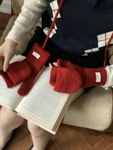 Red knitted convertible fingerless gloves with string, cozy winter warm half-finger mittens.