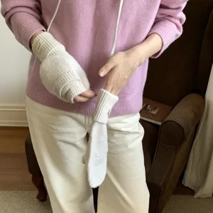 Women winter thick knitted convertible half-finger gloves with string warm riding mittens