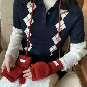 Thickened knitted convertible half-finger gloves with string, winter warm touch screen mittens for women.