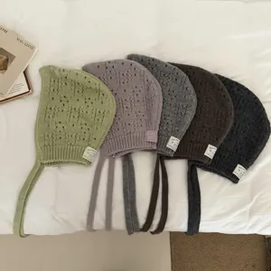 Knitted hollow balaclava hat women cute strap bonnet cozy winter ear protection cap