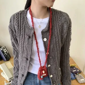 Mujeres Mini Bolso Bandolera Lana Tejida Abalorios Auriculares Monedero Color Sólido Pequeño Bolso de Hombro Casual Diario