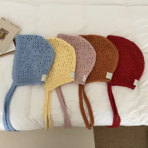 Cozy knitted balaclava bonnet hat for women, cute handmade hollow out design, multi-color warm cap.