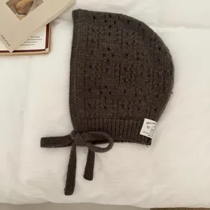 Hollow out knitted balaclava cap for women, cozy brown tie up bonnet hood with cute ear flaps.