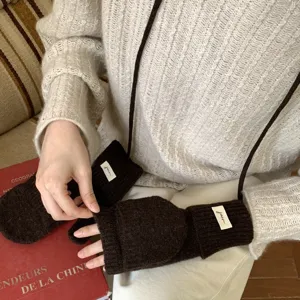 Winter warm knit convertible fingerless gloves with strap for women daily wear main view.