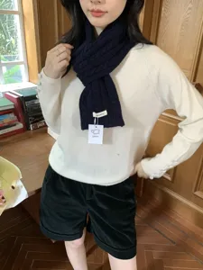 Women's winter warm cable knit wool scarf, stylish dark blue solid winter neck warmer accessory