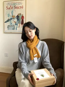 Pure wool vintage cable-knit scarf for women, thick warm winter neck wrap fashion accessory.