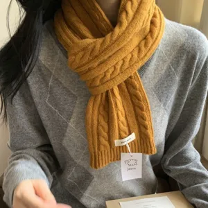 Vintage chunky cable knit wool scarf for women, cozy winter warm neck wrap fashion item.