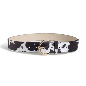 Cintura stampa mucca da donna, fibbia rotonda vintage, elegante accessorio decorativo per jeans.
