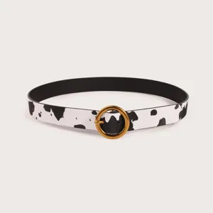 Cintura casual da donna con stampa mucca bianco e nero e fibbia rotonda in metallo