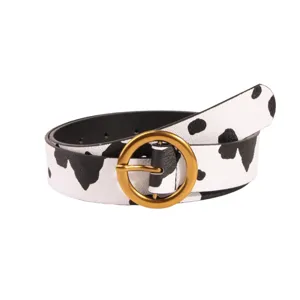 Cintura da donna in pelle con stampa mucca e fibbia rotonda in metallo stile casual