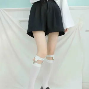 White JK uniform knee-high socks with garter straps and leg rings for women stylish wear.