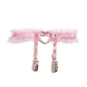 Pink lace studded garter belt with heart ring and metal clips, sexy thigh ring accessory.