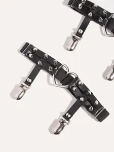 Punk black faux leather leg garter with metal spikes and heart ring for women sexy style.