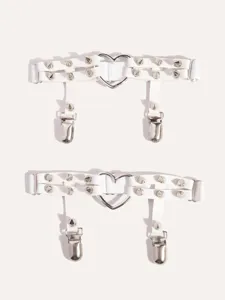White punk leg garter with heart ring and metal spikes, sexy thigh ring for fashion style.