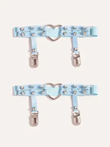 Light blue leather garter belt with metal heart ring and rivet studs for stylish thigh.