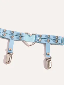 Light blue faux leather leg garter with metal spikes heart ring and clips for women