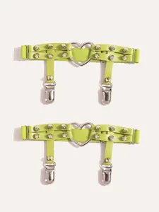 Neon green punk garter belt with heart ring and metal spikes for sexy leg accessories.