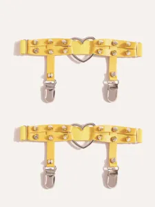 Yellow PU leather leg garter with heart ring, metal studs, and clips for stylish outfits.