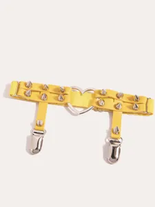 Yellow punk garter belt with metal spikes heart ring and clips for sexy outfits and stockings.