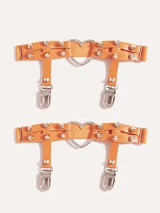 Orange leather garter belt with metal heart ring and studs, sexy thigh strap for women.