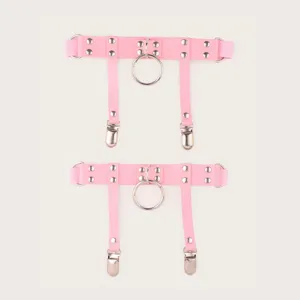 Pink punk leg garter belt set with metal O-ring rivets and clips, stylish streetwear fashion.