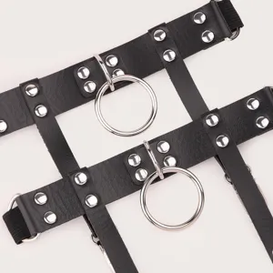 Punk style women black leather leg garter ring Y2K cool metal harness strap accessory