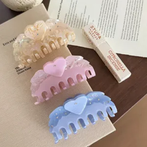 Elegant Acetate Heart Angel Wings Hair Claw Clip With Rhinestones Sparkling Marble Shark Clip For Women Fashion Hair Accessories