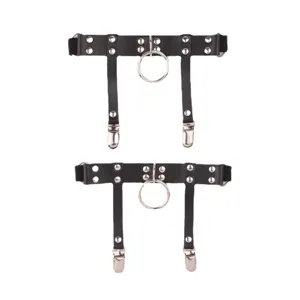 Punk style women black leather thigh garter belt with metal rings and clips y2k sexy