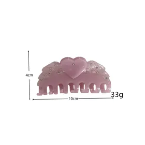Pink heart wing hair claw clip with rhinestones, elegant sweet acetate shark hair clip for women.
