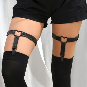 Black PU leather heart thigh garter punk gothic adjustable sock clip detail view product