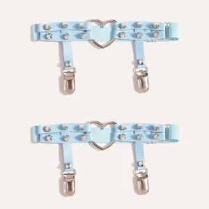Light blue punk garter belt with heart ring and metal clips for women sweet sexy style.