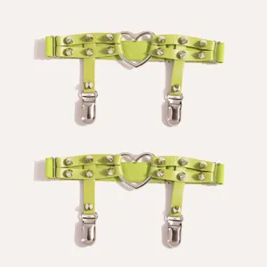 Neon green punk leg garter with heart ring metal studs, stylish thigh strap for women.