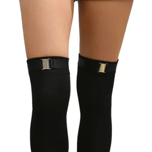 Black over the knee thigh high socks with metal buckle leg ring elastic hosiery main view.