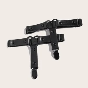 Black PU leather garter belt punk style heart ring thigh strap adjustable hosiery clip