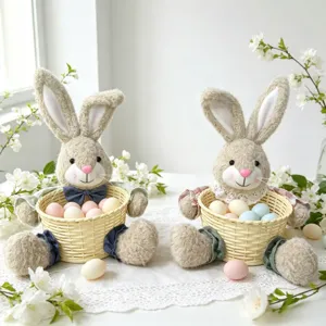 Osterhase Plüschpuppe mit geflochtenem Korb und bunten Eiern für Frühlings-Deko-Szene.