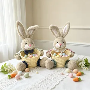 Osterhase Plüschtier mit geflochtenem Korb und bunten Eiern für Feiertagsdeko Detail.