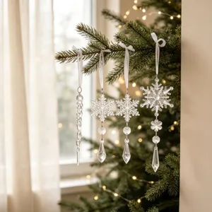 Primer plano de adornos navideños acrílicos transparentes colgando de una rama.