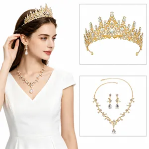 Bridal rhinestone crown necklace earrings set wedding prom crystal tiara jewelry accessories