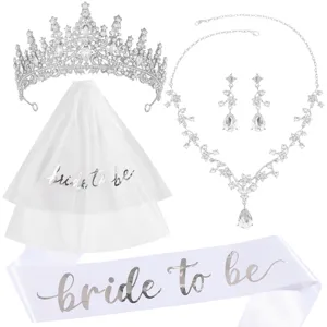 Parure Accessoires Mariage Bride To Be Couronne Tiara Strass Alliage Voile Blanc Écharpe Satin Collier Boucles d'Oreilles