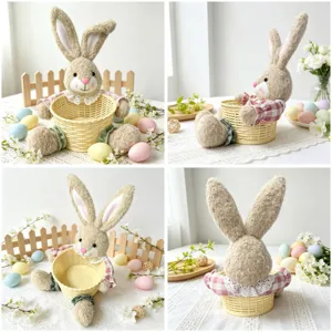 Osterhase Plueschfigur mit geflochtenem Korb Detailansicht ideal fuer festliche Dekoration.