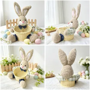 Osterhase Plüschtier Aufbewahrung Korb Details, geflochtener Korb mit Hase und bunte Eier.