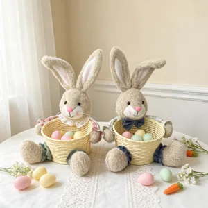 Osterhase Plüschpuppe mit geflochtenem Korb und bunten Eiern für festliche Heimdekoration.